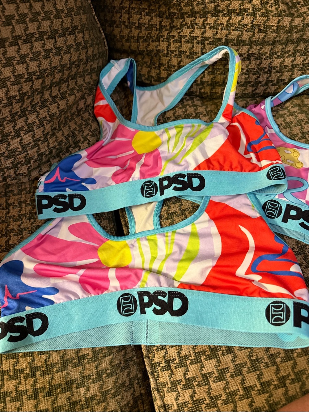 PSD Women’s Floral Print Sports Bra - Aqua Band with Pink, Red, Blue & Yellow